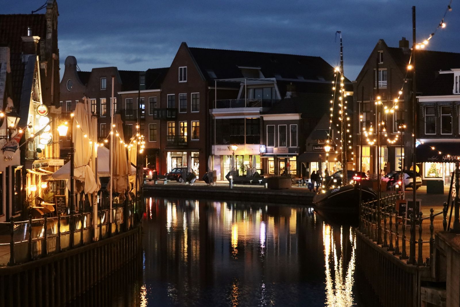 A harbour town at night