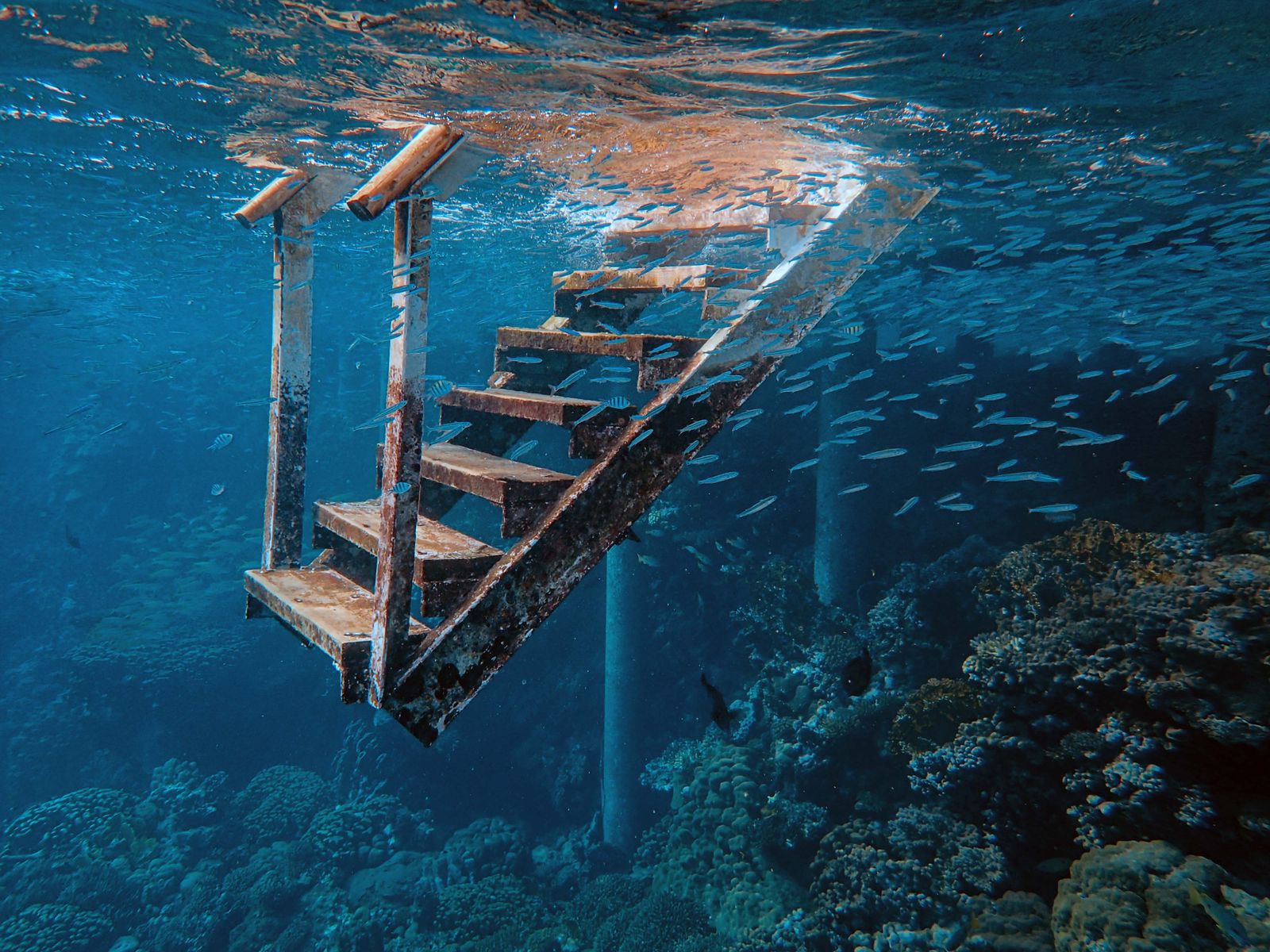 A lantern descending underwater stairs