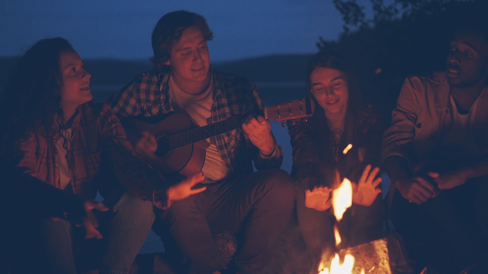 Companions around a fire at night
